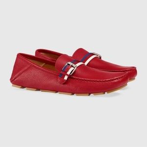 NIB Gucci Sylvie Textured Leather Grosgrain Belted Strap Bee Drivers 8.5EU/9.5US